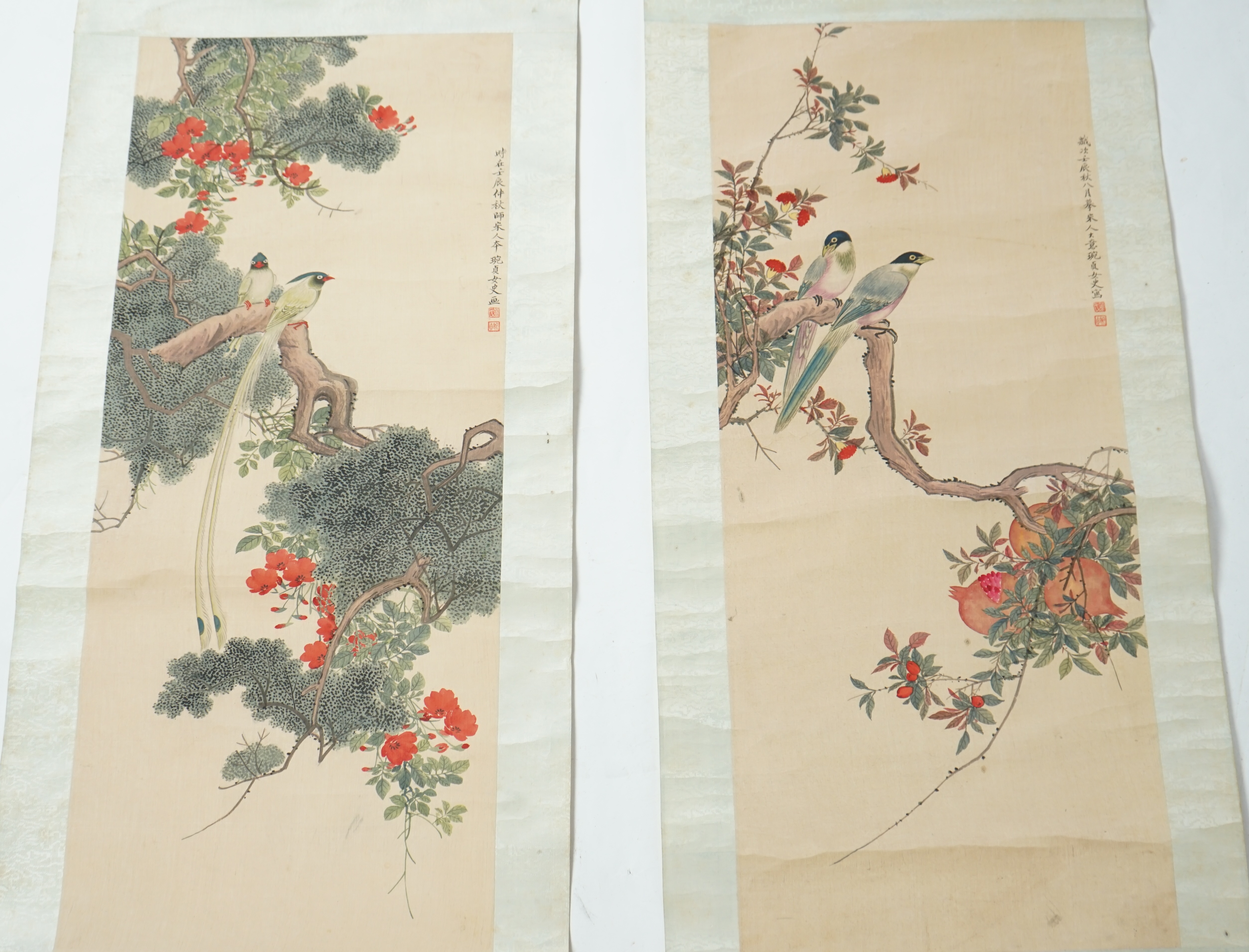 Chinese School, late 19th century, a pair of scroll paintings on silk of birds